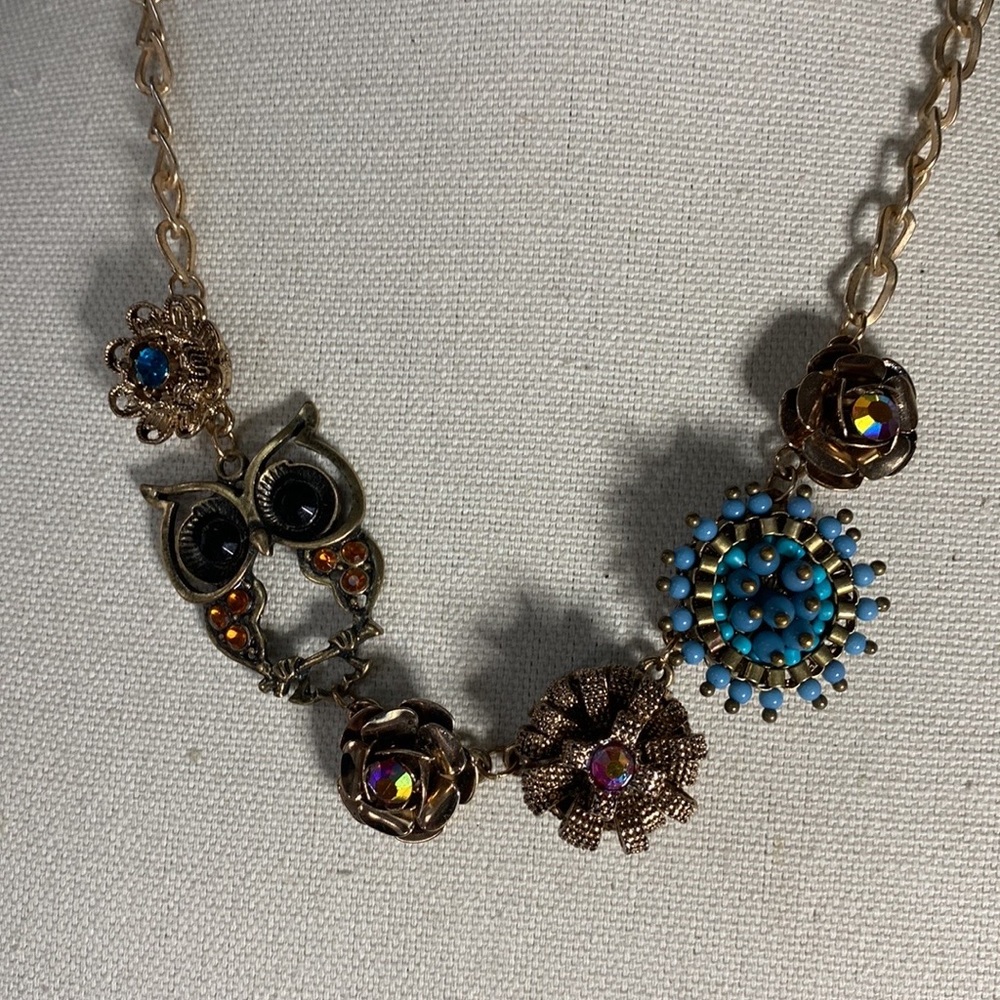 Whimsical flower and owl rhinestone necklace